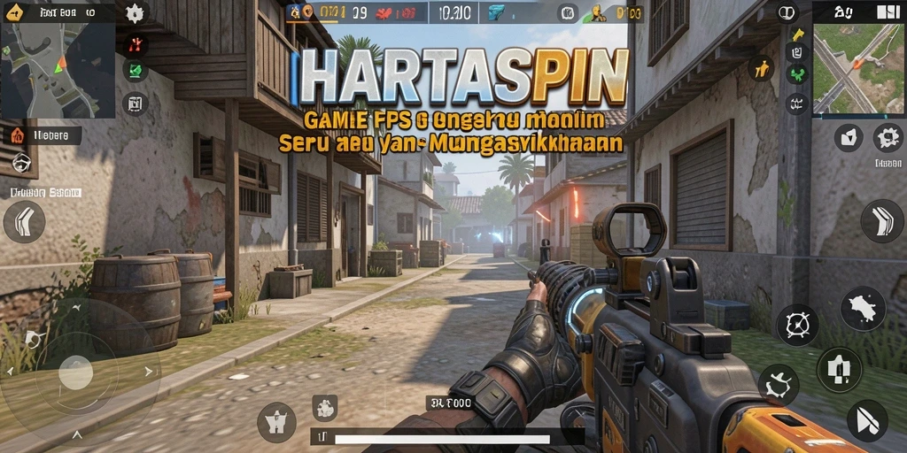 Screenshot utama HARTASPIN menampilkan aksi tembak-menembak yang intens.