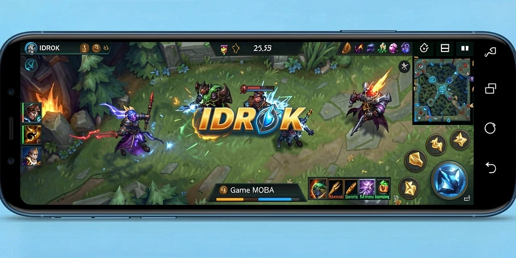 Screenshot gameplay <strong>IDROK</strong> menampilkan pertempuran MOBA yang intens dan seru.