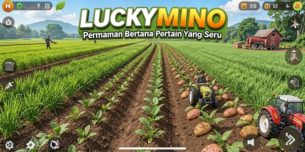 Tangkapan layar gameplay LUCKYMINO yang menunjukkan keseruan bertani.