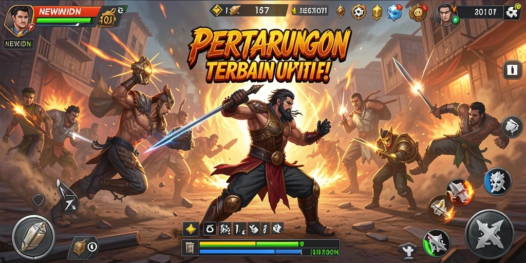 Screenshot gameplay menunjukkan karakter bertarung dalam arena yang dinamis.