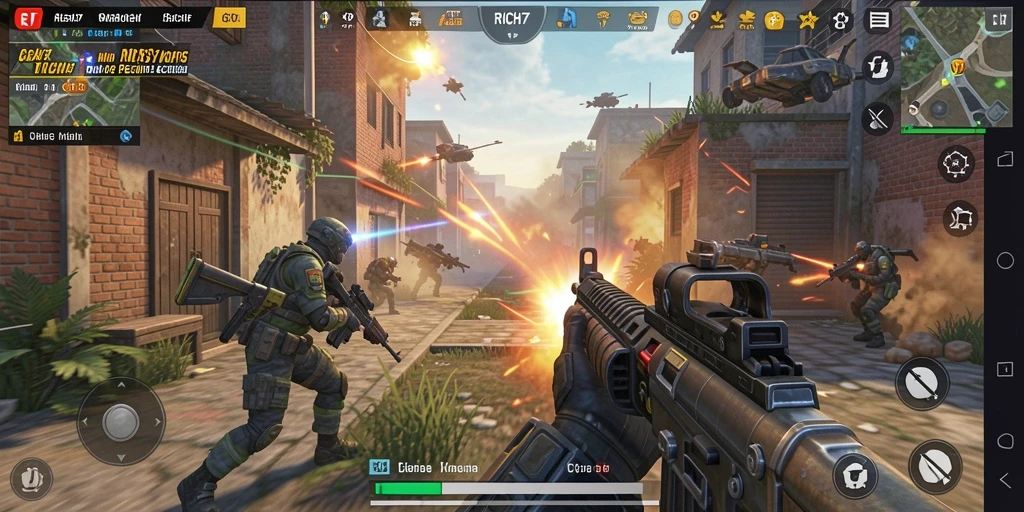 Gameplay RICH7 menampilkan aksi tembak-menembak yang intens.