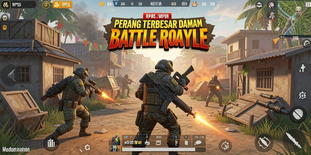 Tampilan gameplay dinamis di RP55 menunjukkan aksi Battle Royale yang mendebarkan.