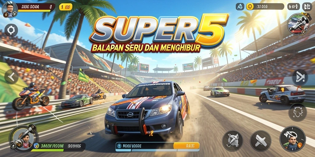 Gameplay balapan seru di SUPER5 dengan grafik menawan.