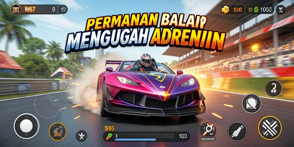 Screenshot utama W67 menampilkan aksi balap yang seru dan mendebarkan.